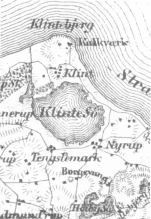 Gammelt kort, hvor Klinte Sø ses som en stor sø nord for Højby